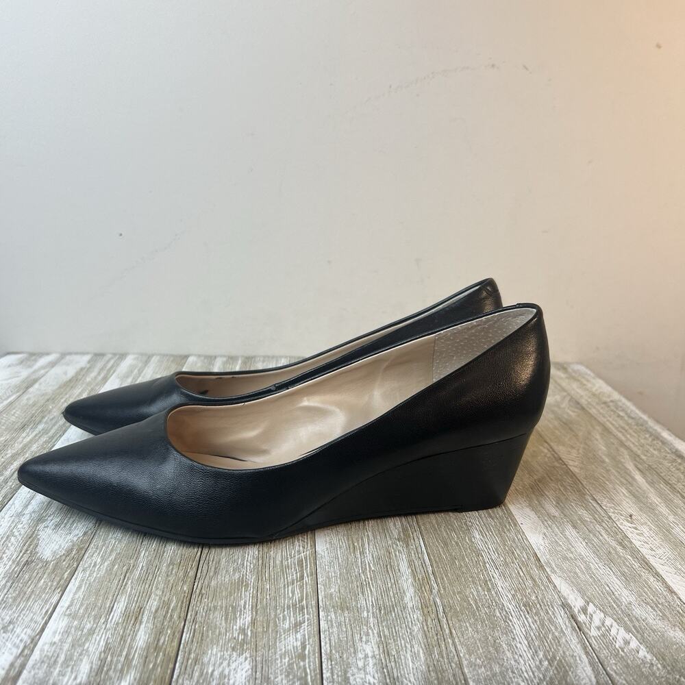 Franco Sarto Wedge Shoes Womens Sz 7.5 Tan Black Leather 3 Inch Heels Career